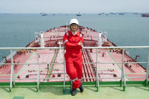 Female CEO portraits on tanker