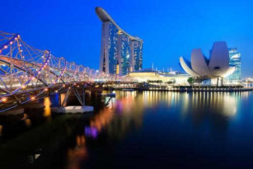 Night View of Marina Bay Sand and the Helix Bridge of Singapore