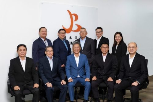 management team portrait in corporate office